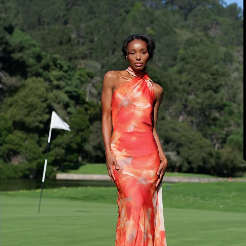 One-Shoulder Orange Floral Maxi Dress